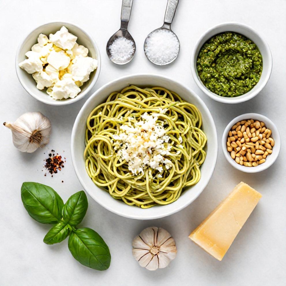 Raw ingredients for Creamy Pesto Goat Cheese Pasta with Pine Nuts
