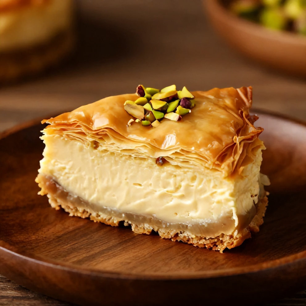 Sliced Pistachio Baklava Cheesecake on a plate with a warm glow