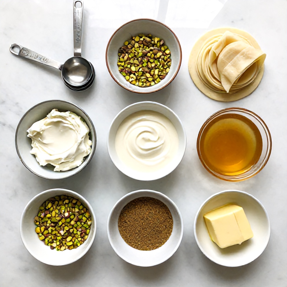 Raw ingredients for Pistachio Baklava Cheesecake including cream cheese, pistachios, and phyllo dough
