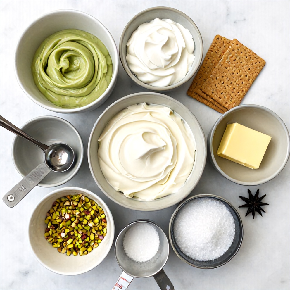 Raw Ingredients for Creamy Pistachio Cheesecake