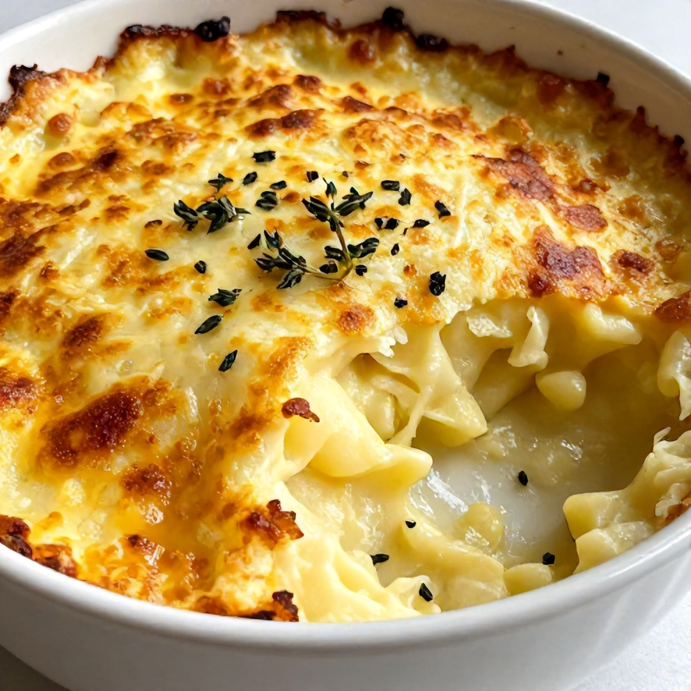Plated serving of creamy potato gratin