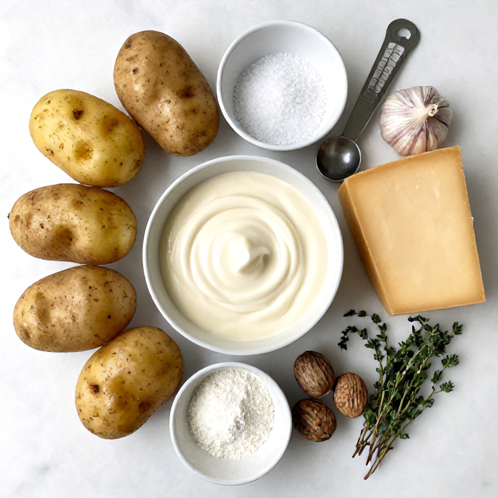 Raw ingredients for creamy potato gratin