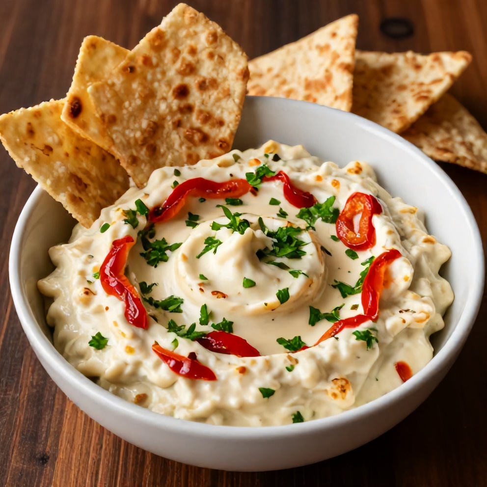 Creamy roasted red pepper and garlic dip served in a bowl with pita chips