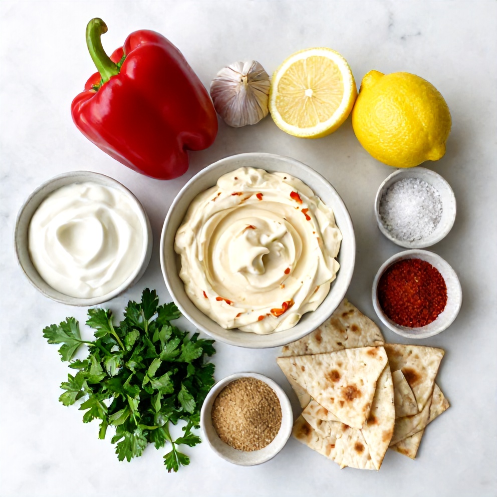 Ingredients for creamy roasted red pepper and garlic dip laid out on a wooden surface