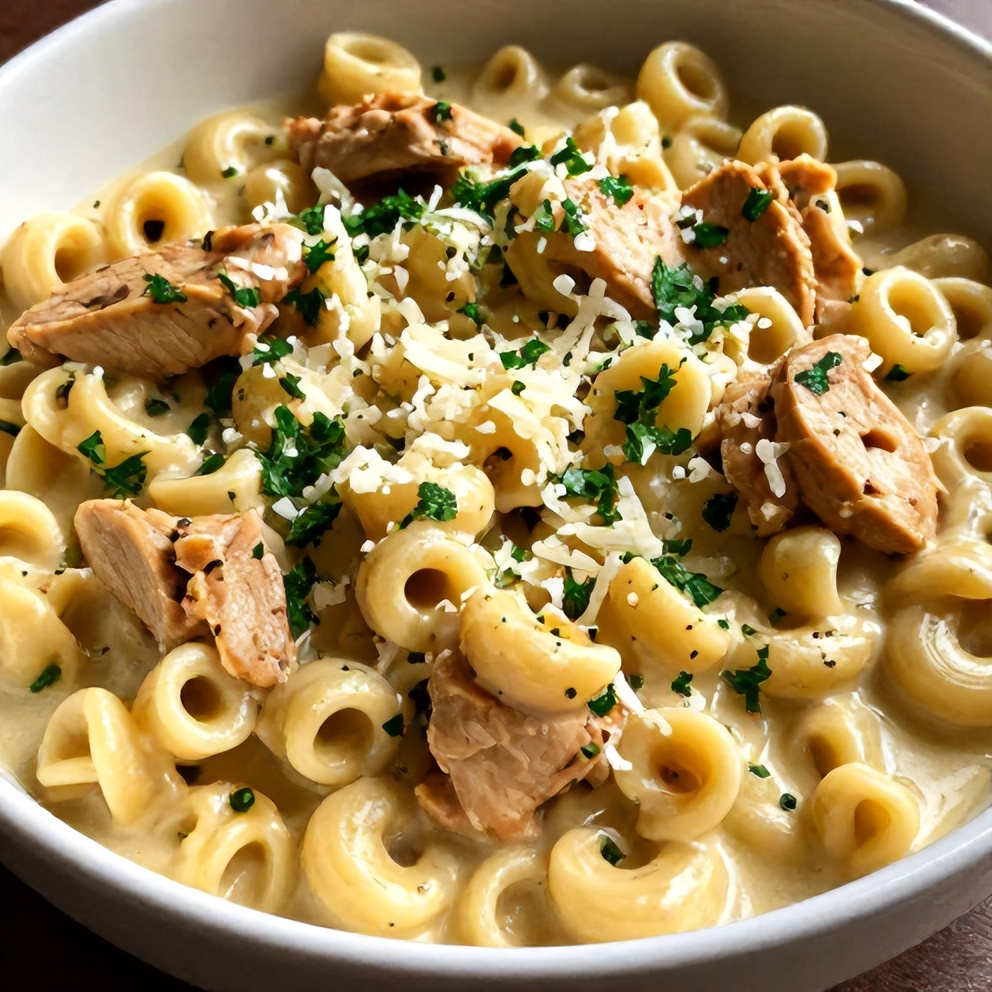 Final plated Creamy Slow Cooker Chicken Tortellini Dinner Recipe
