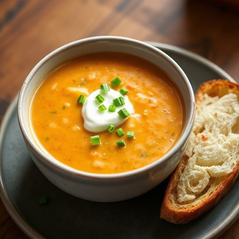 A single bowl of Creamy Spicy Cajun Potato Soup. A slice of crusty bread sits beside it. A sprinkle of green onions and a dollop of sour cream add color. Warm lighting shows the texture and depth