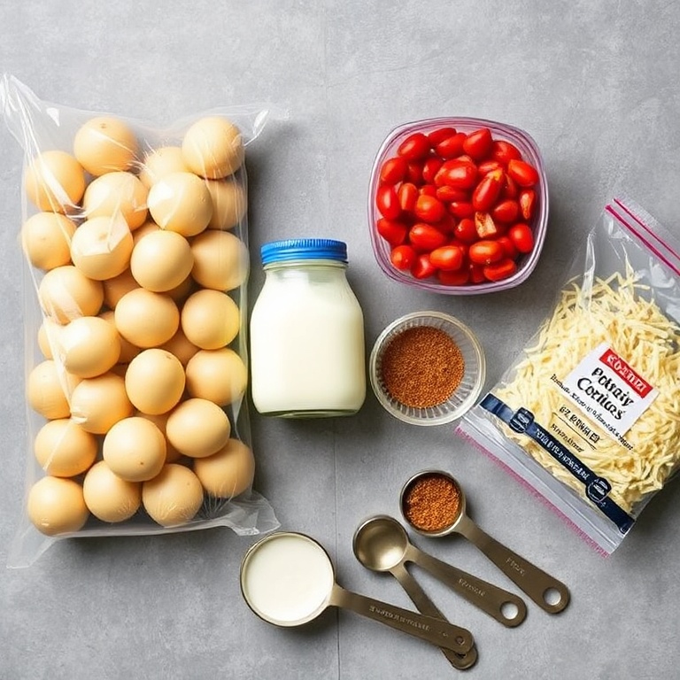 A flat lay of the raw ingredients for Creamy Spicy Cajun Potato Soup. On the left, a big bag of potatoes. Center, a jar of heavy cream. On the right, a container of diced tomatoes, a spoon of cajun seasoning, and a bag of shredded cheddar. Measuring spoons and bowls add context