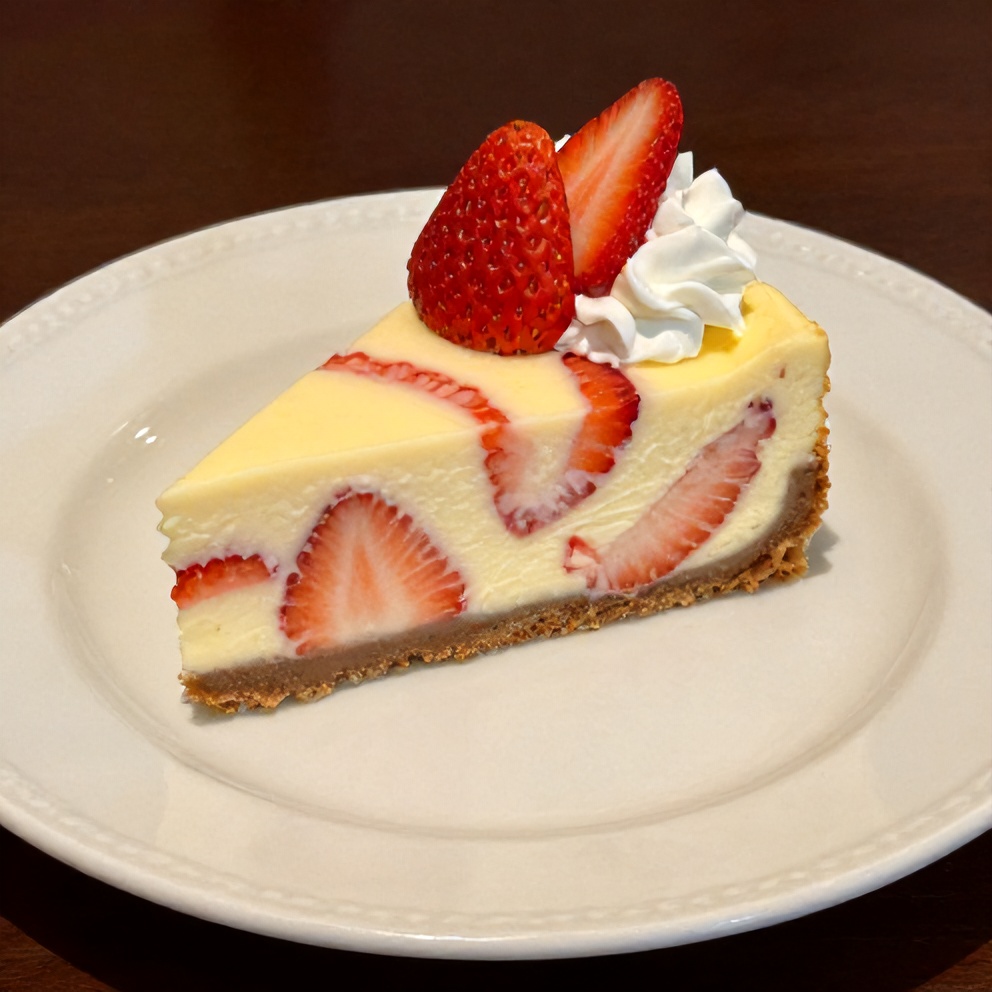 Sliced creamy strawberry swirl cheesecake