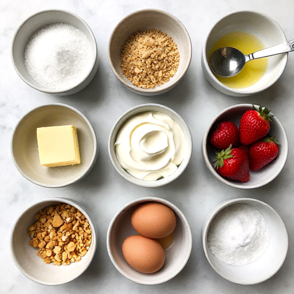Ingredients for creamy strawberry swirl cheesecake
