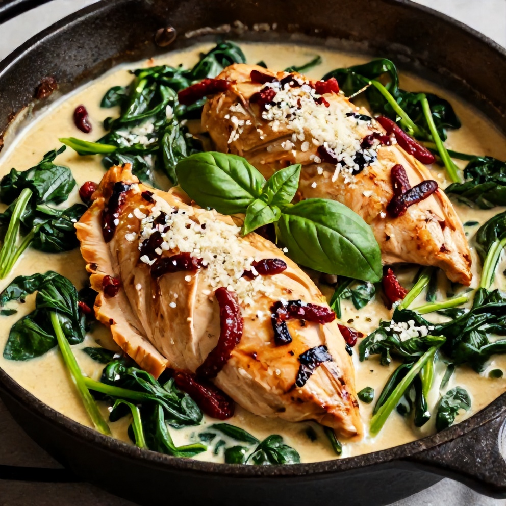 Plated Sun-Dried Tomato Chicken Skillet with Spinach
