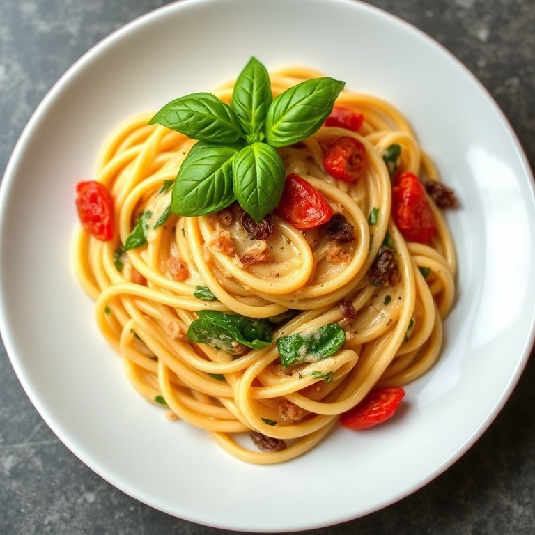 Perfectly plated Creamy Sun-Dried Tomato Spinach Pasta. Topped with fresh basil. Creamy texture and vibrant colors. Warm, elegant, and delicious.