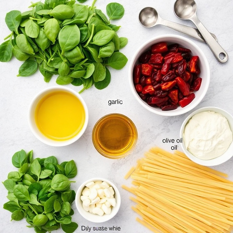 All ingredients for Creamy Sun-Dried Tomato Spinach Pasta. Fresh spinach, sun-dried tomatoes, garlic, olive oil, and pasta arranged in a flat lay. Measuring spoons and bowls visible.