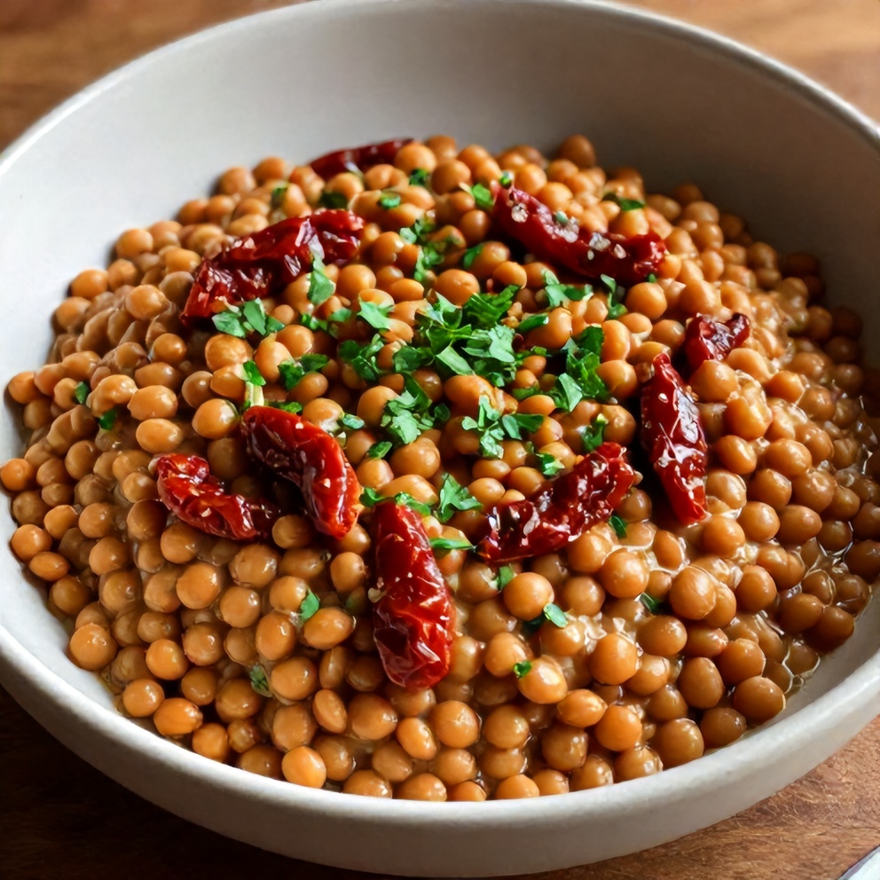 Creamy Sundried Tomato Lentils plated, garnished with fresh parsley, in a shallow bowl
