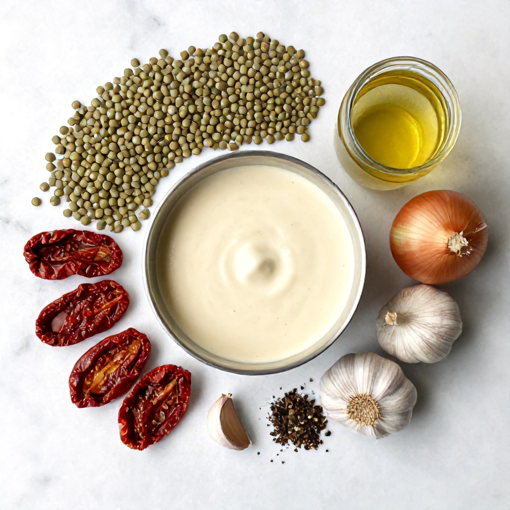 Ingredients for Creamy Sundried Tomato Lentils: lentils, sundried tomatoes, onion, garlic, vegetable broth, spices laid out on a wooden surface