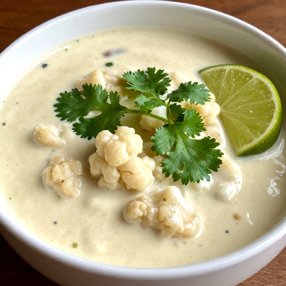 A single serving of creamy Thai coconut cauliflower soup topped with fresh cilantro and lime wedges in a white ceramic bowl.