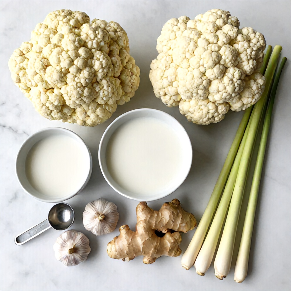 Fresh cauliflower, coconut milk, garlic, ginger, and lemongrass arranged in a flat lay on a white marble surface.