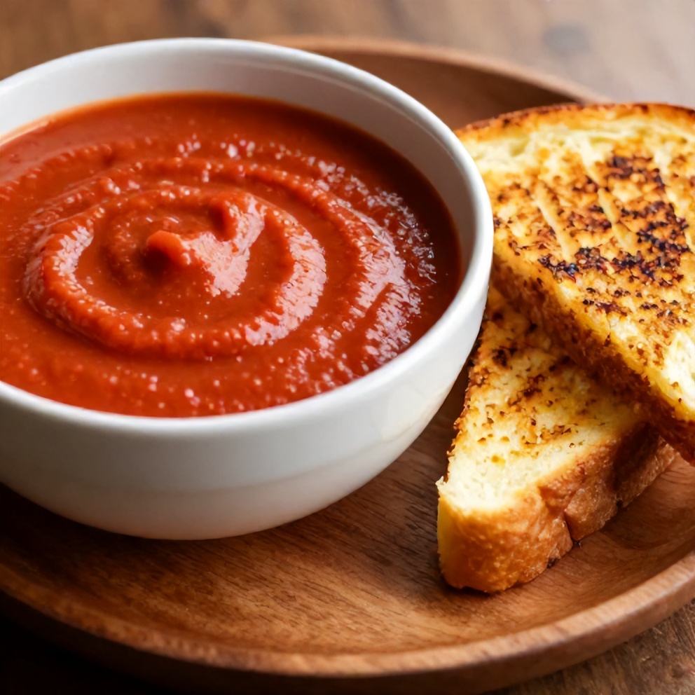 Bowl of creamy tomato soup with a side of grilled cheese
