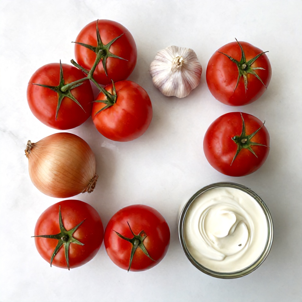 Fresh tomatoes, garlic, onion, canned tomatoes, and heavy cream on a wooden surface