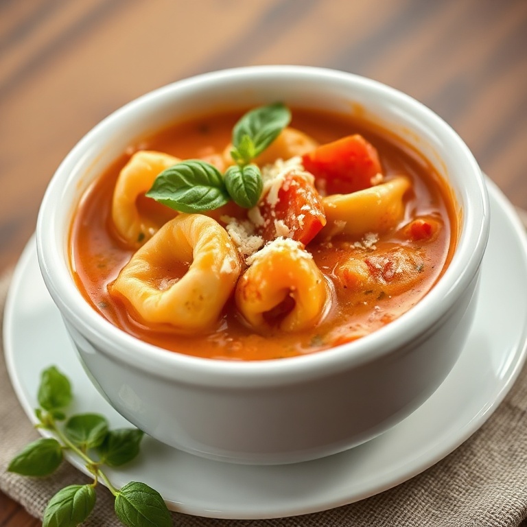 A single serving of creamy tomato tortellini soup in a white ceramic bowl, garnished with fresh basil and a dusting of Parmesan cheese.