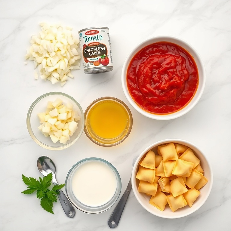 Raw ingredients for creamy tomato tortellini soup arranged in an overhead flat lay, including tomatoes, tortellini, garlic, onion, and fresh basil.