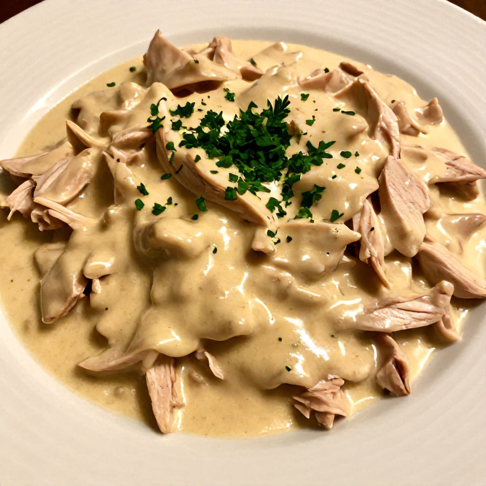 Plated creamy turkey stroganoff with a sprinkle of parsley