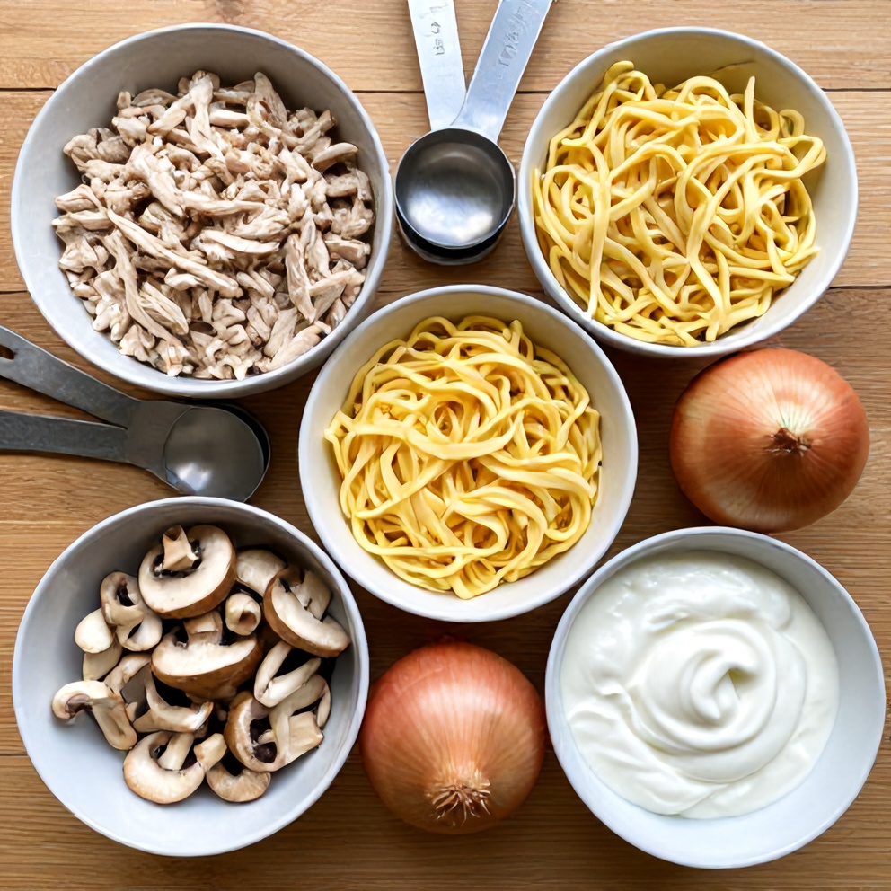 Raw ingredients for creamy turkey stroganoff laid out on a wooden surface