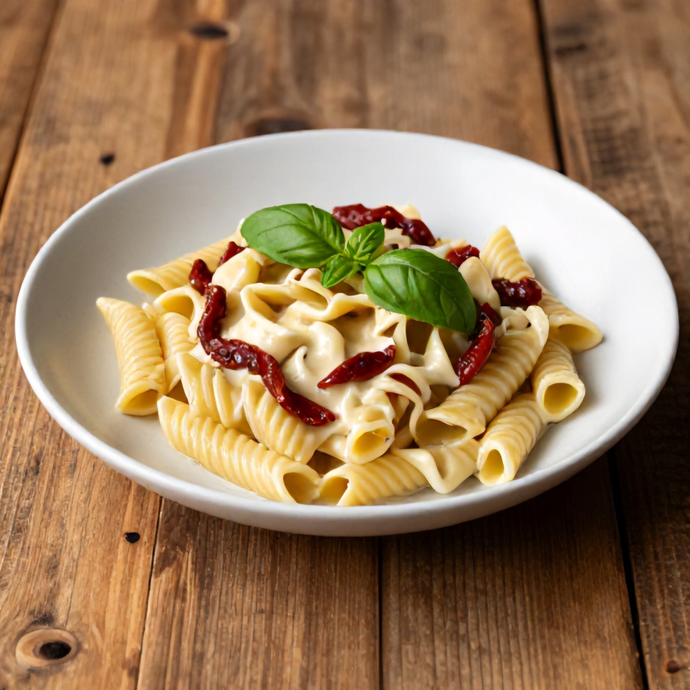One serving of creamy vegan sun dried tomato pasta plated, garnished with fresh basil, on a rustic wooden surface