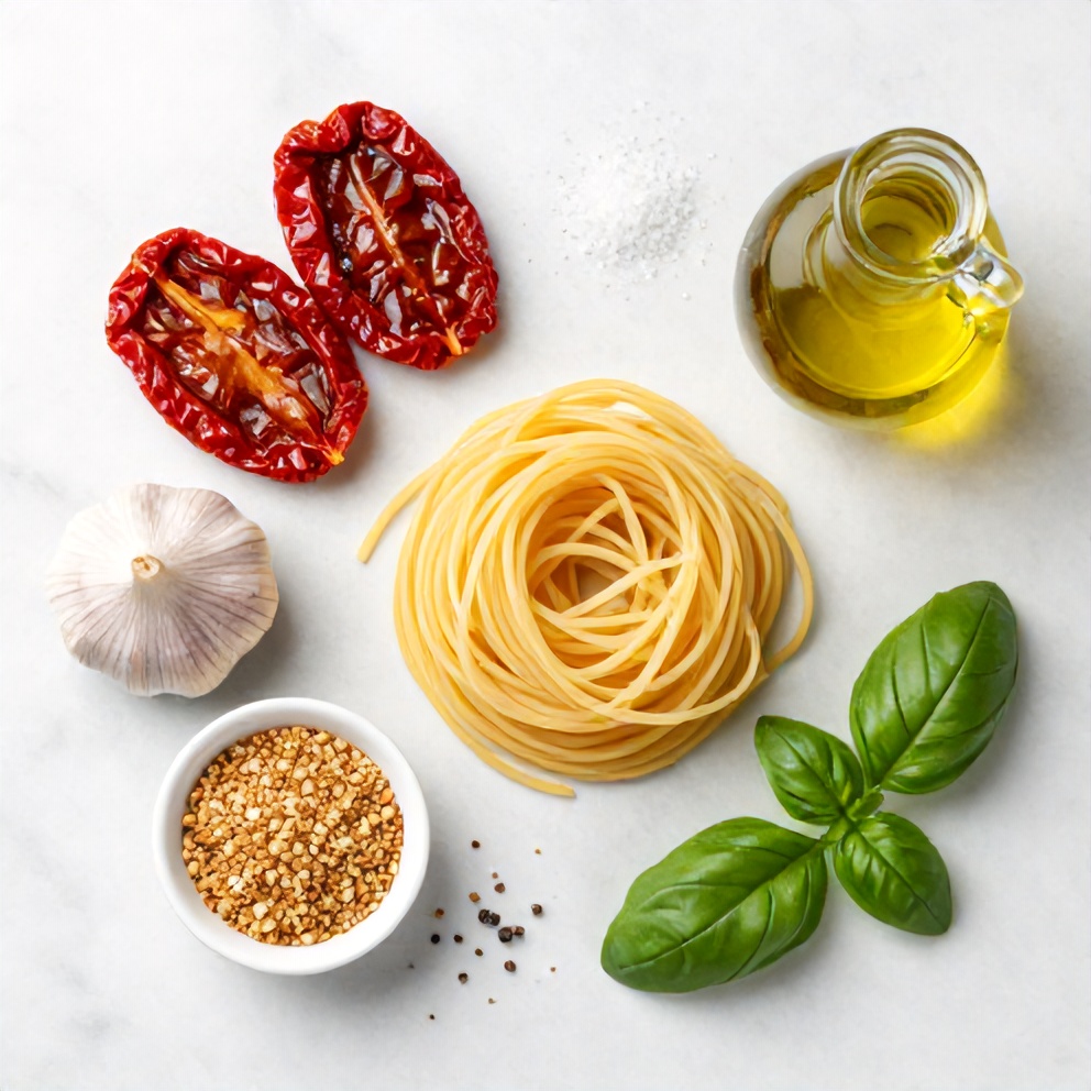 Raw ingredients: sun dried tomatoes, garlic, pasta, nutritional yeast, olive oil, salt, pepper, and fresh basil on a marble surface