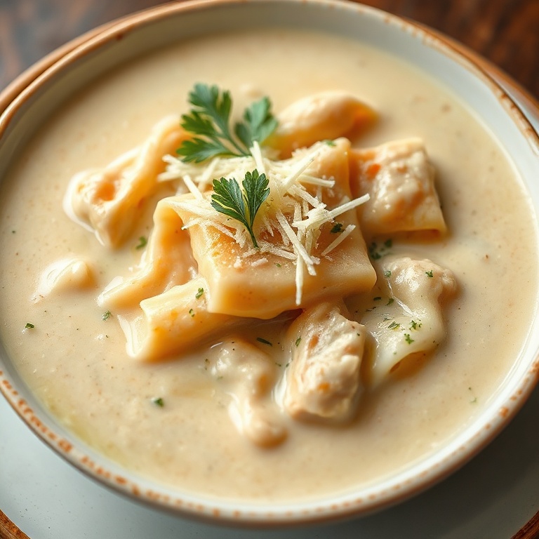 A beautifully plated bowl of creamy white chicken lasagna soup. Sprinkled with fresh parsley and grated cheese on top.