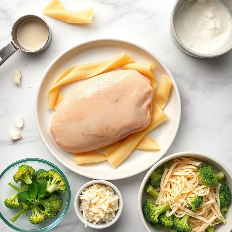 Raw ingredients for creamy white chicken lasagna soup: chicken breast, lasagna noodles, broccoli, garlic, and cheese. Measuring cups and bowls nearby.