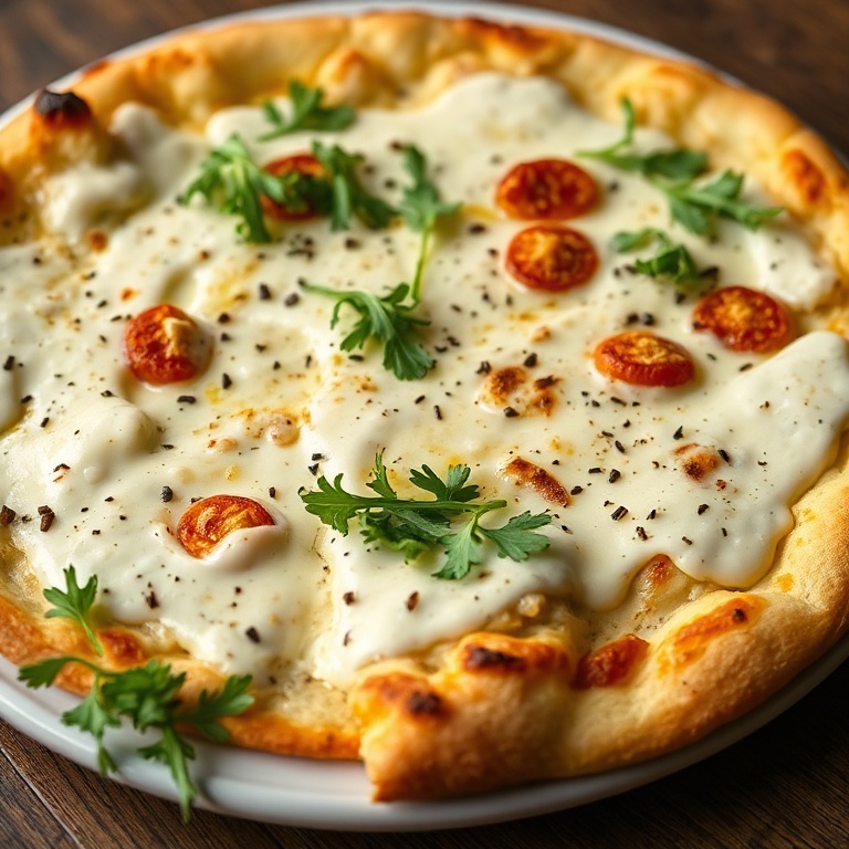 Perfectly plated Creamy White Sauce Pizza with garlic and arugula. Garnished with fresh arugula. Close crop. Warm side lighting. Photorealistic food photography. No text. No watermark.