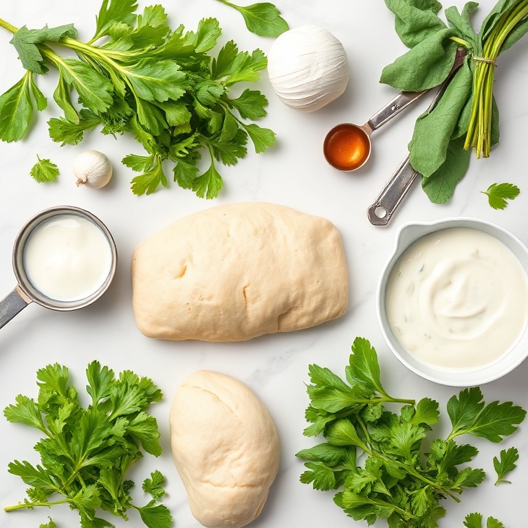 Fresh arugula, garlic, mozzarella, pizza dough, and white sauce arranged in an overhead flat lay. Measuring spoons and bowls visible. White marble surface. Bright even light. Photorealistic food photography. No text. No watermark.