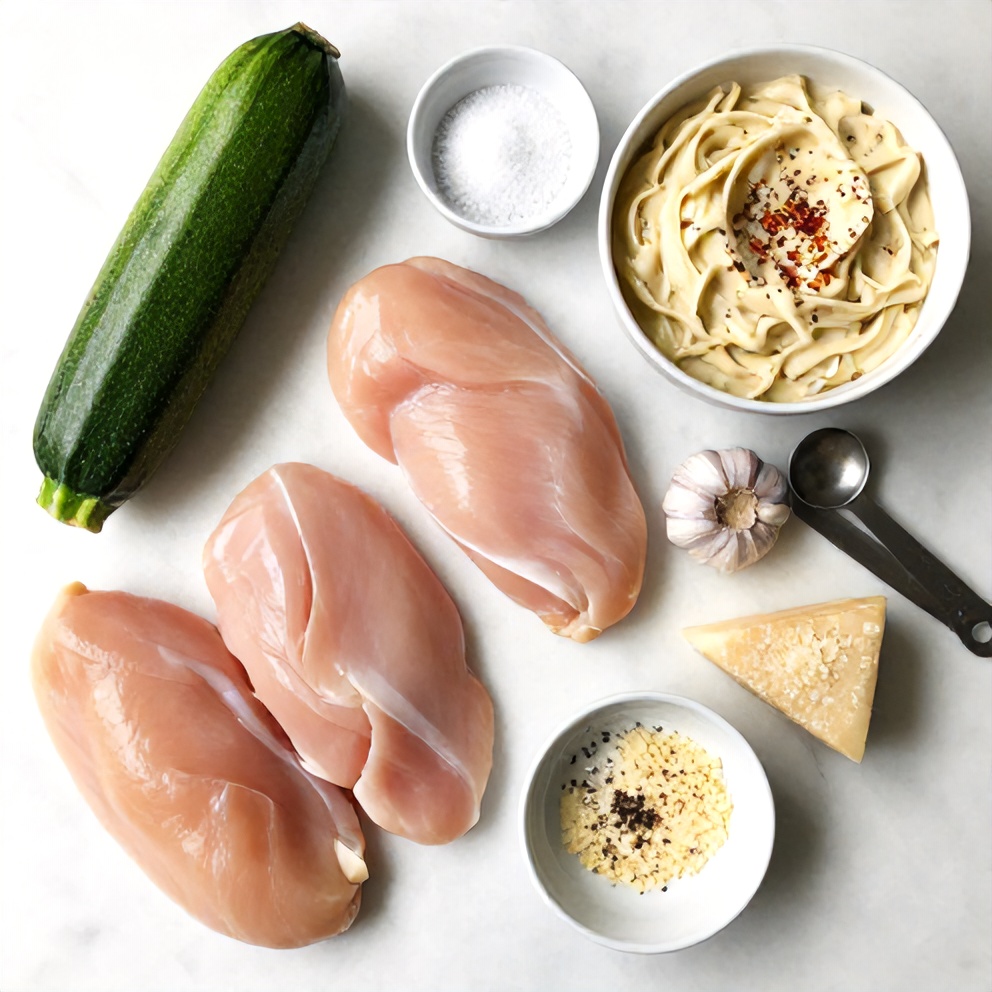 Raw ingredients for Zucchini Noodle Chicken Alfredo