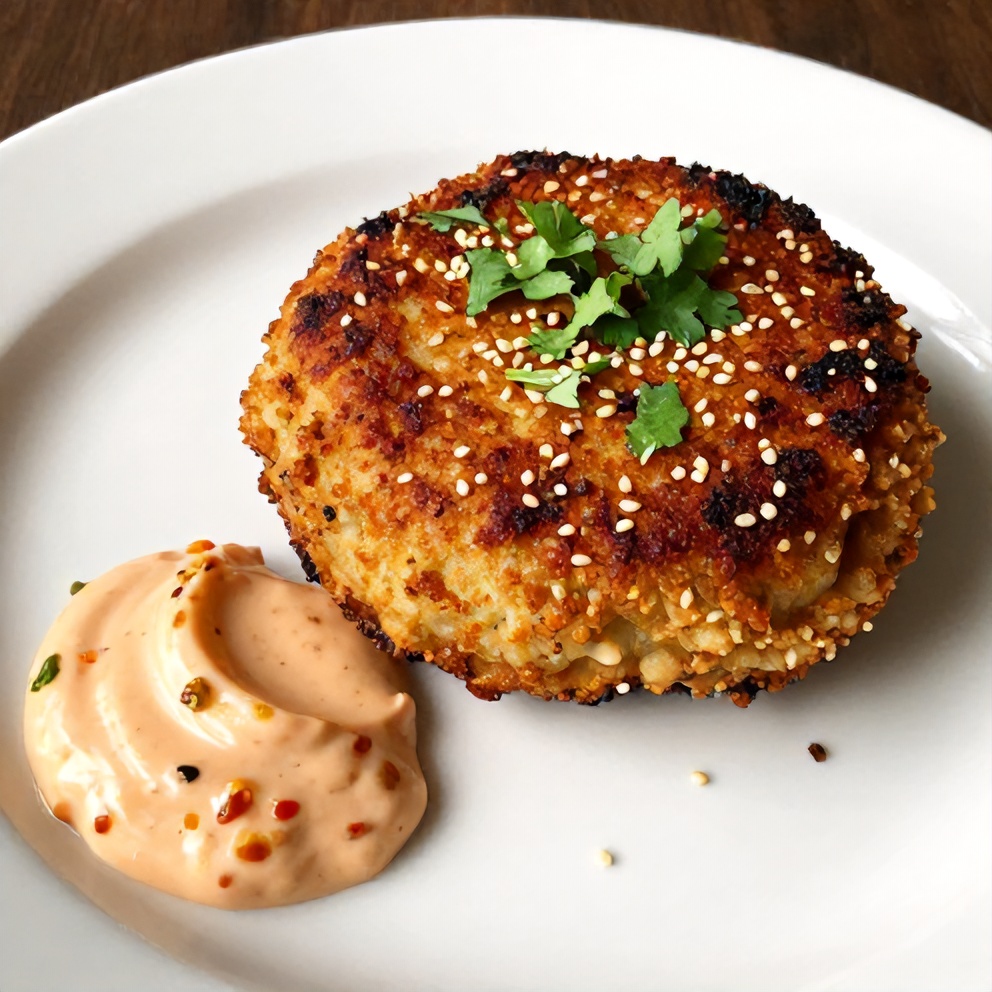 Plated Crispy Asian Tuna Cakes with Spicy Sriracha Aioli