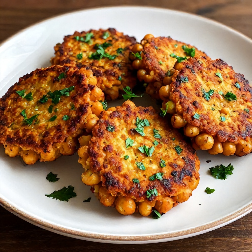 Plated serving of crispy baked chickpea patties with fresh herbs