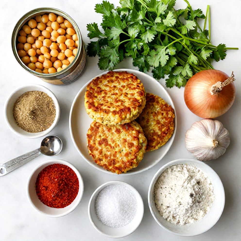 Raw ingredients for chickpea patties on a marble surface
