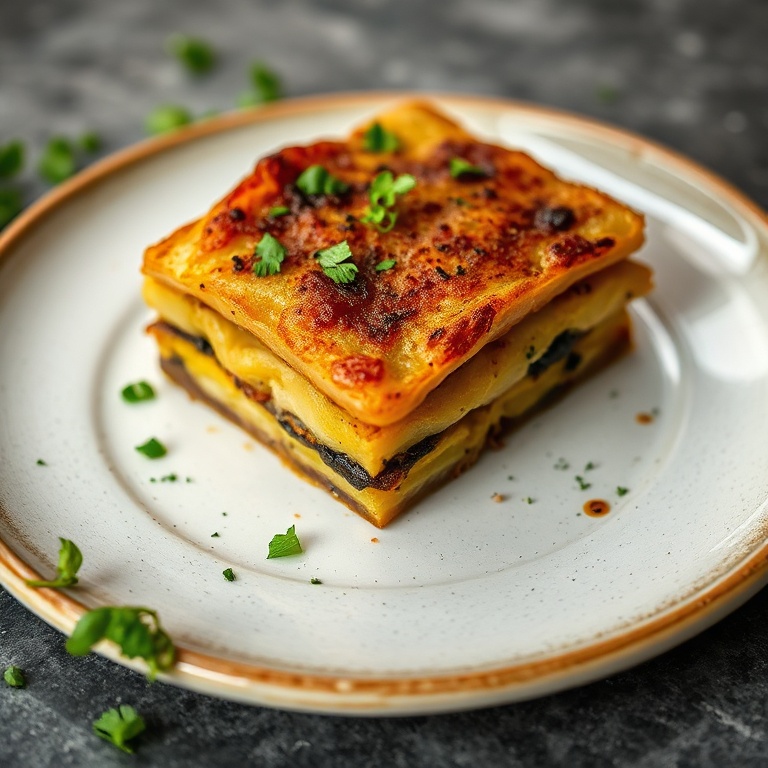 One perfect plated serving of crispy balsamic potato torte. Garnished with fresh herbs. Close crop showing texture. Warm side lighting. Photorealistic food photography style.