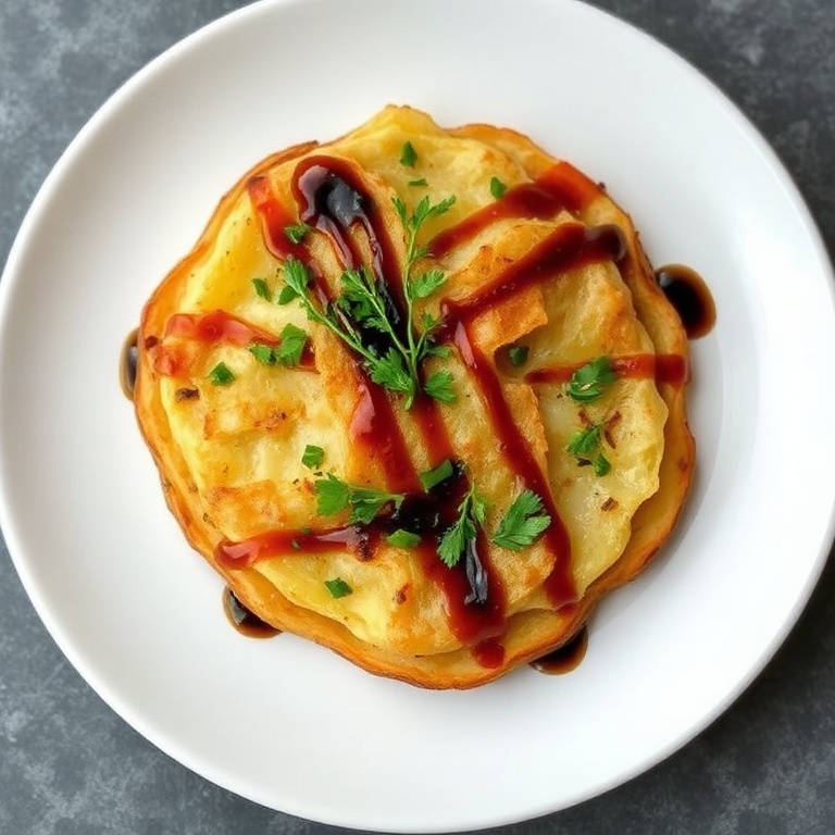 Perfectly plated Crispy Balsamic Potato Torte. Topped with fresh herbs and a drizzle of balsamic glaze on a white plate.