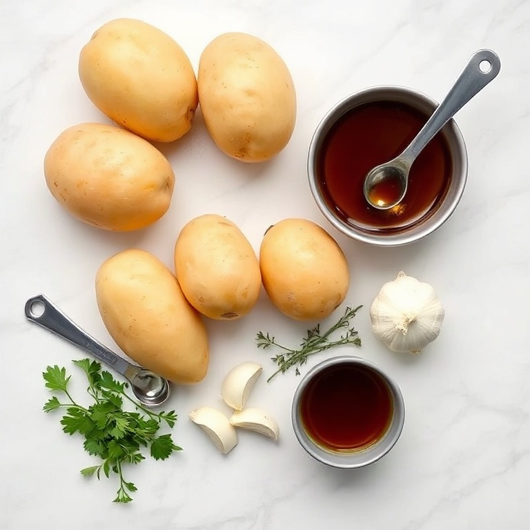Overhead flat lay of potatoes, balsamic vinegar, butter, herbs, and garlic. Measuring spoons and bowls visible. White marble surface. Bright even natural light.