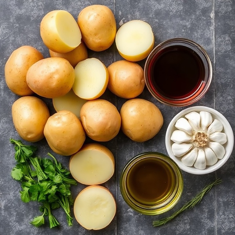 Raw ingredients for Crispy Balsamic Potato Torte. Potatoes, balsamic vinegar, garlic, herbs, and olive oil arranged in an overhead flat lay.