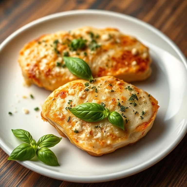 Plated chicken cutlets with parmesan and basil. Warm side lighting highlights crispy crust and fresh garnish.