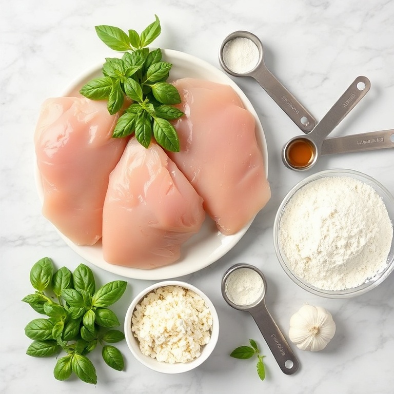 Raw chicken, fresh basil, garlic, parmesan, flour, eggs. Measuring tools and bowls on marble surface.