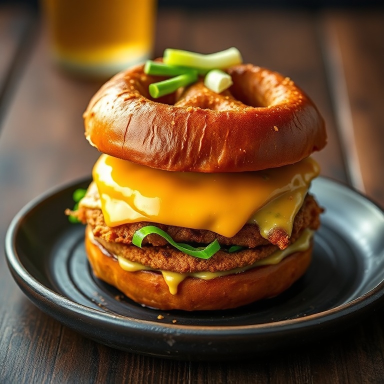 One perfect Crispy Beer Cheese Pretzel Burger on a dark wooden plate. Garnished with fresh scallions. Warm side lighting showing texture. Photorealistic food photography.