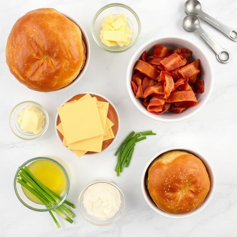 Raw ingredients for Crispy Beer Cheese Pretzel Burgers. Pretzel buns, sharp cheddar, bacon, scallions, and beer cheese. Measuring cups, bowls, and spoons. White marble surface. Bright even light. Overhead flat lay.