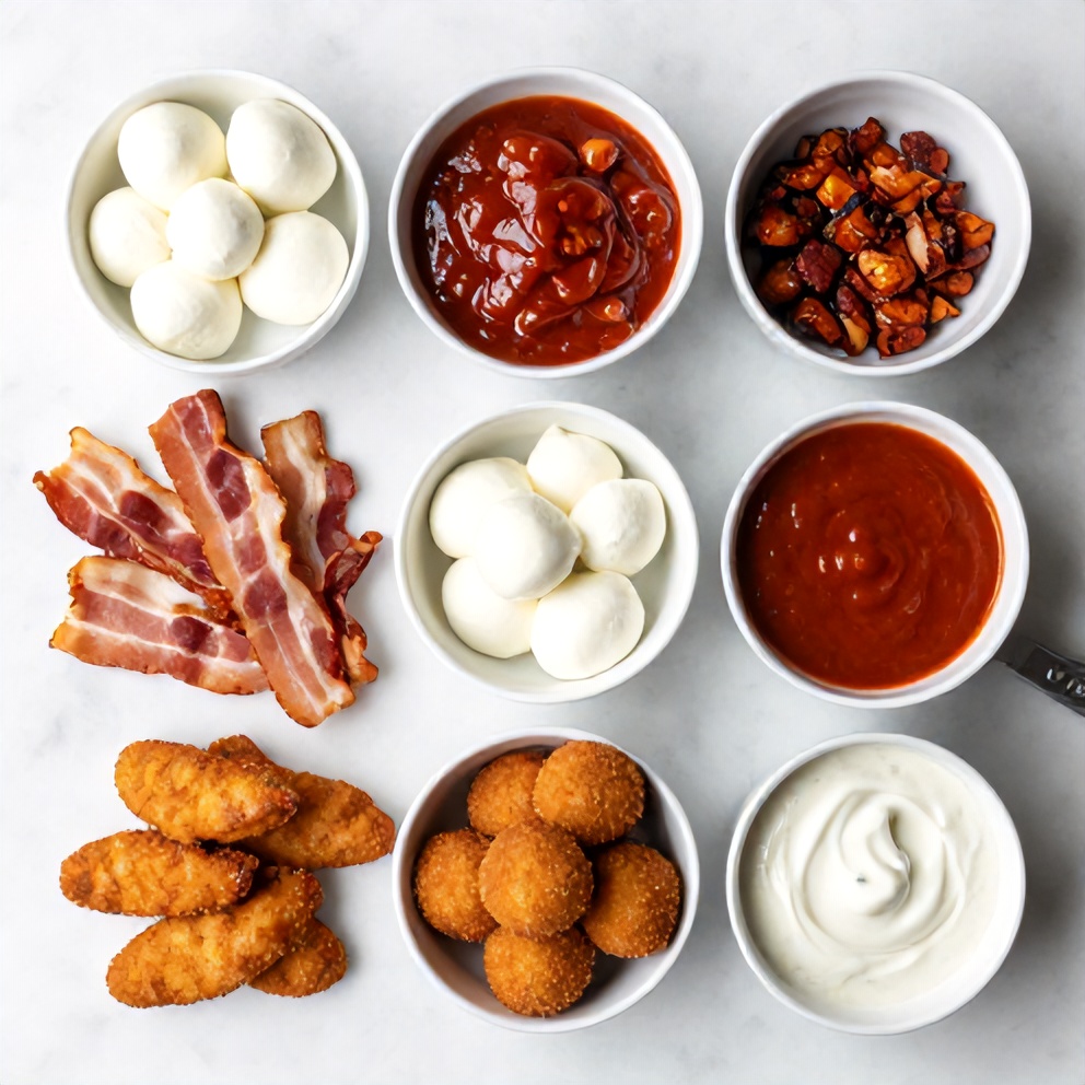 Raw ingredients for Buffalo Chicken Bacon Mozzarella Bombs on a white marble surface