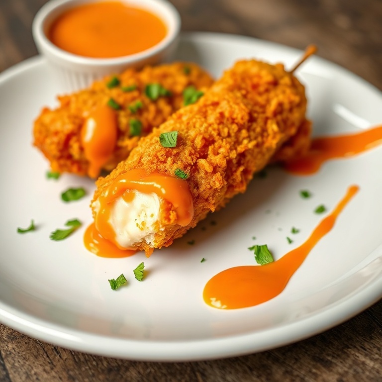 Crispy Buffalo Chicken Mozzarella Sticks on a white plate with a drizzle of buffalo sauce and fresh herbs