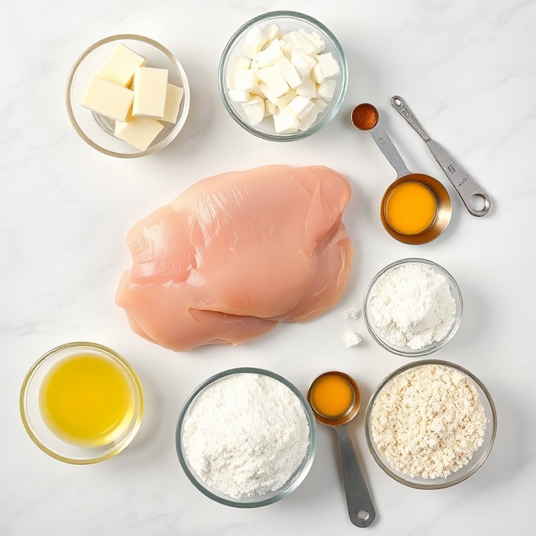 Raw chicken breast, mozzarella cheese, flour, eggs, breadcrumbs, and buffalo sauce arranged in a flat lay
