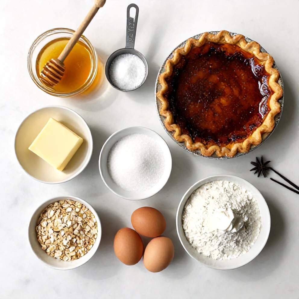 Raw ingredients for Burnt Honey Pie with Flaky Oat Crust