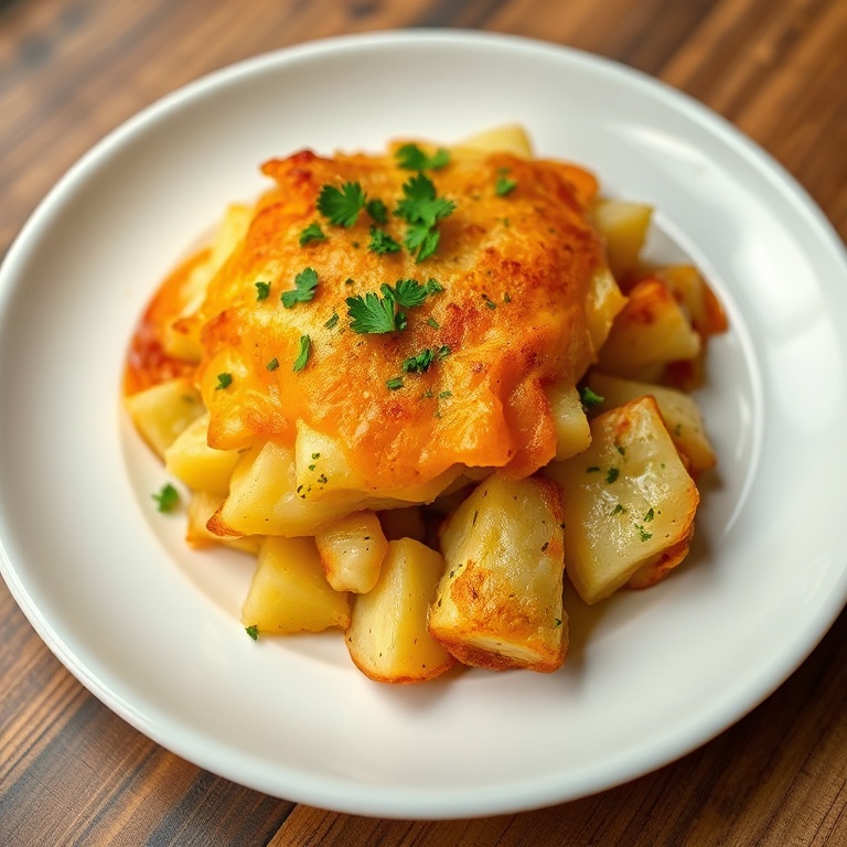 Plated Crispy Cheddar Potatoes Bake with a sprinkle of parsley. White ceramic plate. Warm side lighting showing texture. Photorealistic food photography.