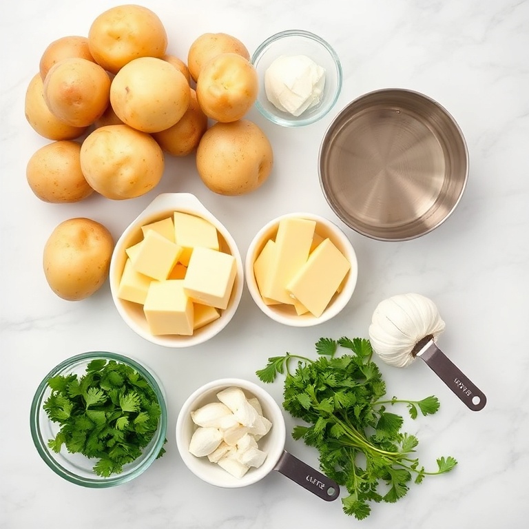Potatoes, cheddar cheese, butter, garlic, and parsley arranged in an overhead flat lay. Measuring spoons and bowls visible. White marble surface. Bright even light.
